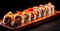 Rolls with salmon, avocado, tuna and cucumber on a dark background. Japanese Cuisine - AI Generated Image