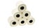 Rolls of toilet paper stacked close up on white background