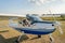 ROMA, ITALY - AUGUST 2018: An experienced pilot and a little girl child at the helm of a light-engine aircraft Tecnam P92 Echo