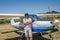 ROMA, ITALY - JULY 2017: Courageous young man pilot on a light aircraft Tecnam P92-S Echo