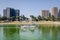 ROMA, ITALY - JULY 2017: A pleasure boat rides tourists on a Parco Centrale del Lago in Rome, Italy