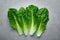 Romaine Lettuce leaves. Background of four green salad leaves. Fresh salad greens. Organic concept backdrop