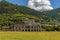 The Roman arches of the ampitheater stand proud at the foot of Mount Ingino in the city of Gubbio, Italy