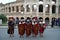 Roman army battle array near colosseum at ancient romans historical parade