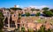 Roman Forum Romanum with Temple of Venus Genetrix aside Forum of Caesar and Trajan`s Market in Rome in Italy