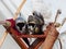 Roman helmets, bow and arrows at the international festival Times and epochs. Ancient Rome