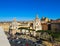 Roman ruins of the Trajan Forum, Catholic Church and the Militia Tower in winter 2012. Beautiful Italian Stone Pines. Rome Italy