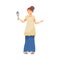 Roman Woman Wearing Long Tunic and Sandals Looking in the Mirror Vector Illustration