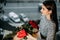 Romance background, couple in love on date, man giving roses and