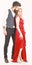 Romance concept. Couple in love, passionate lovers in elegant clothes, white background. Woman in red dress and man in