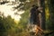 Romance in nature. Fire burn in forest with blurred couple in love hug