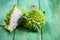 Romanesco cauliflower with its fractal shapes and Fibonacci sequences. Flat lay. Top view