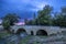 Romanesque bridge of Artigue and river Osse near Larressingle on route to Santiago de Compostela, UNESCO World Heritage Site,