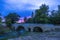 Romanesque bridge of Artigue and river Osse near Larressingle on route to Santiago de Compostela, UNESCO World Heritage Site,