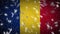 Romania flag falling snow loopable, New Year and Christmas background, loop