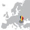 Romania Location Map on map Europe. 3d Romania flag map marker location pin. High quality map of Romania