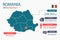 Romania map infographic elements with separate of heading is total areas, Currency, All populations, Language and the capital city