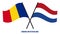 Romania and Netherlands Flags Crossed And Waving Flat Style. Official Proportion. Correct Colors