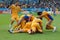 Romania players celebrate after the goal