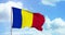 Romania politics and news. Romanian national flag on sky background footage