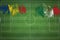 Romania vs Mexico Soccer Match, national colors, national flags, soccer field, football game, Copy space