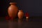 Romanian ceramics and  seaside petunia on a dark background