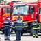Romanian Firefighting emergency firemen Pompierii parked in front of the Home Office Ministry of the Interior in Bucharest,
