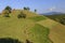 Romanian hills with haystack on the meadow. Rural scenery.