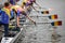 Romanian professional women rowers from the Olympic Team train in a sports base