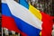 Romanian and Russian flags wave one next to another outdoors during a cold rainy day