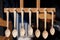 Romanian traditional wooden spoons. Set of handcrafted wooden spoons in a Romanian market.