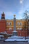 Romanovsky obelisk against Srednyaya Arsenal`naya tower in Alexandrovsky garden near the walls of Moscow Kremlin