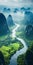 Romantic Aerial View Of China\\\'s Karst Mountains And River