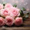 Romantic allure Pink roses on rustic board, vintage festivity