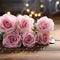 Romantic allure Pink roses on rustic board, vintage festivity