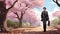 Romantic Anime Drawing Of A Man Walking In A Cherry Blossom Park