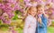 Romantic babies. Kids enjoying pink cherry blossom. Tender love feelings. Couple kids on flowers of sakura tree