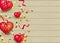 Romantic background with hearts and confetti on wood textured background