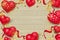 Romantic background with hearts and confetti on wood textured background