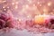 Romantic background in pink with roses, hearts and burning candles, Valentine\\\'s day backdrop, horizontal luxury glamour