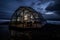 Romantic bar on the waterfront. Cozy dome-restaurant in nature. Neural network AI generated
