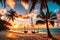 Romantic beach sunset. Palm tree with swing hanging before majestic clouds sky. Dream nature landscape generated AI