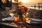 Romantic beachside dining Wedding setup sunset