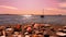 Romantic beautiful sunset at sea boat beautiful Baltic Sea seashell on the rock sea sky in harbor seashell flowers
