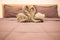 Romantic Bedroom Interior, Kissing Swan Origami Towels decoration on the hotel room bed for newlywed couple. Wedding, Valentine,