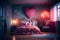 Romantic bedroom interior with pink bed and red heart.generative ai