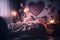 Romantic bedroom interior with pink bed and red heart.generative ai