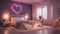 A romantic bedroom with neon lights forming a heart shape on the
