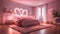 A romantic bedroom with neon lights forming a heart shape on the