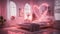 A romantic bedroom with neon lights forming a heart shape above the